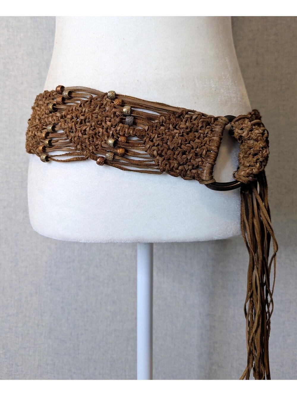 Vintage y2k woven leather beaded fringe wide belt - Size S/M